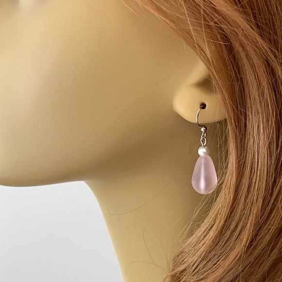 Sea Glass Earrings Pink Dangle with Pearls Women Girls Beach Jewelry Gift - Picture 3 of 7